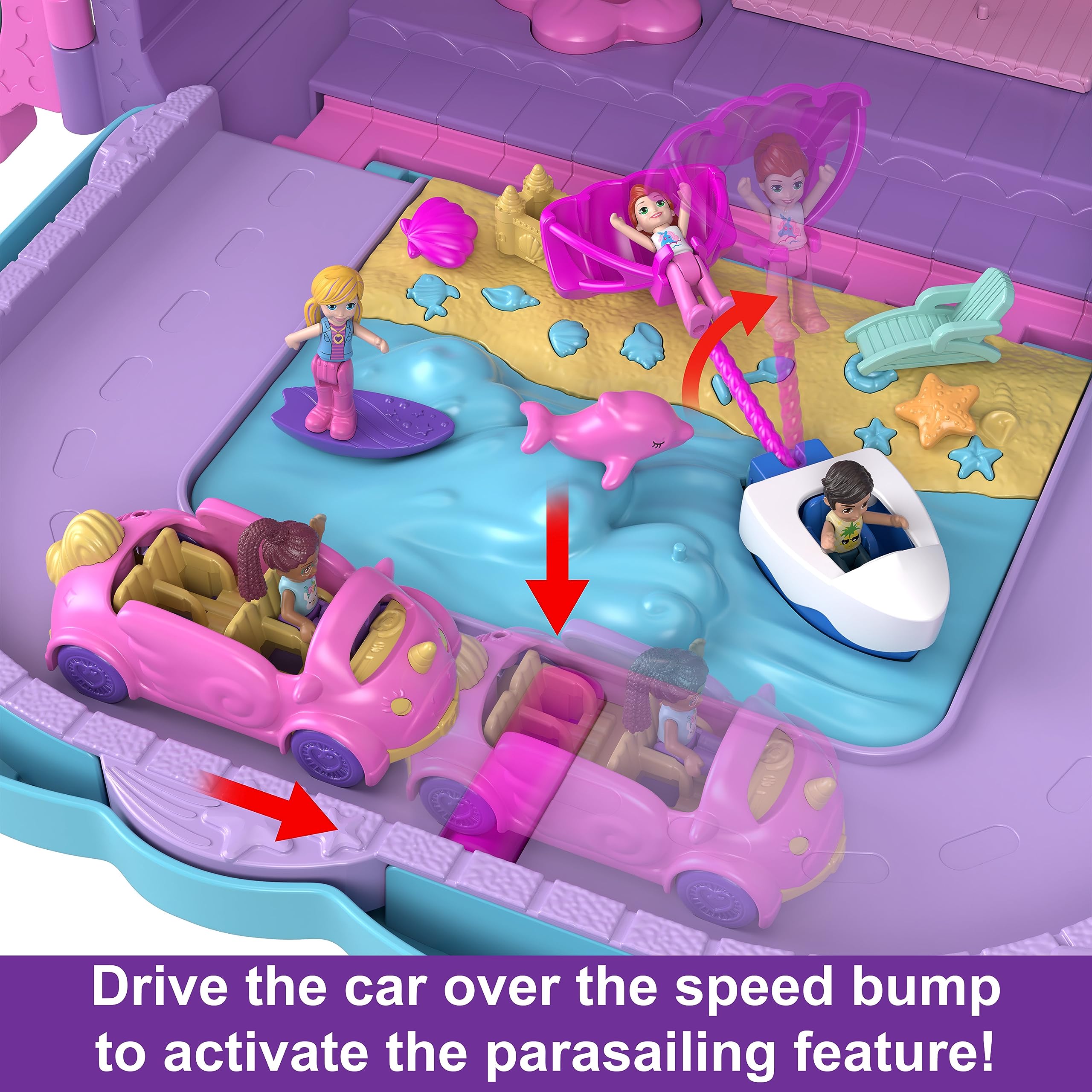 Polly Pocket Dolls, Playset and Travel Toys, 4 Dolls, 1 Vehicle, 25+ Accessories, Resort Roll Away (Amazon Exclusive) - Image 5